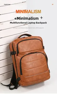 Detail of vintage brown backpack showing USB port and scratch-resistant fabric texture