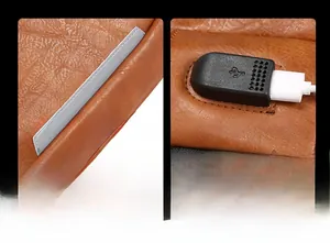 Detail of brown leather backpack featuring safety reflective strip and external USB charging port