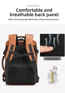 Detail view of breathable honeycomb mesh back and ergonomic straps on brown PU backpack