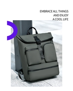Detail view of water-resistant business backpack with multi-pocket storage and flip-top buckle