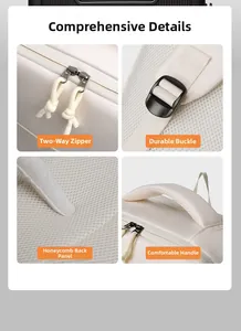 Detail view of smooth metal zippers, adjustable buckles, and breathable mesh of this beige backpack
