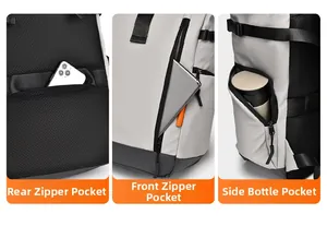 Détail du sac à dos étanche montrant la poche antivol arrière et le porte-bouteille latéral