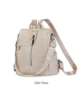 Vue latérale du sac à dos en cuir PU beige avec bandoulière tissée et poches zippées