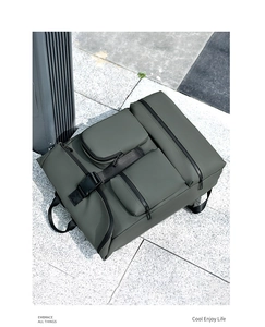 Detail view of large capacity functional tactical backpack with multi-pocket design