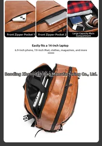 Detail view of the brown PU leather backpack interior storage for 14-inch laptop and iPad