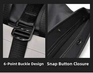 Détail de la boucle métallique en 6 et du bouton-pression sur le sac à dos d'extérieur