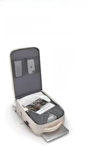 Detail of multi-compartment interior for 15.6 inch laptop with external USB port