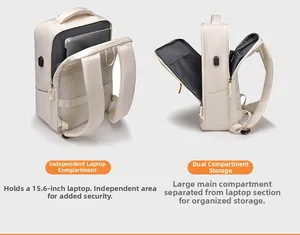 Detail of business laptop backpack with 15.6 inch compartment and external USB port