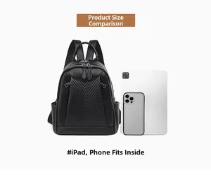 Black leather backpack showing internal capacity with an iPad and smartphone
