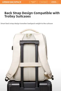 Business travel backpack detail showing luggage strap for suitcase handle attachment