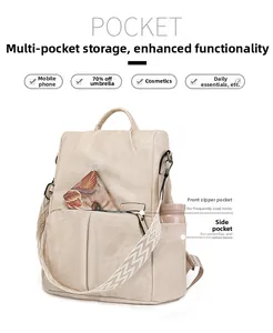 Dettaglio zaino in pelle PU beige con spallacci intrecciati e tasca frontale con zip