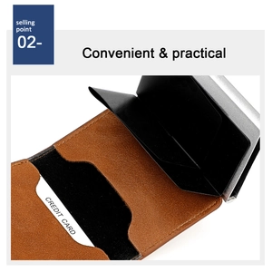 Detail of brown litchi pattern leather RFID wallet with pop-up aluminum card holder