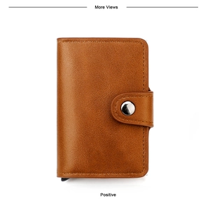 Close-up of brown litchi pattern leather wallet with RFID metal snap and pop-up lever