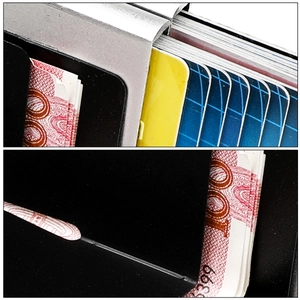 Detail of the dual aluminum RFID wallet showing tiered card slots and a money clip