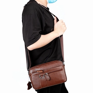 Men Genuine Leather Crossbody Bag Top Layer Cowhide Litchi Texture Multi Zipper Pocket RFID Blocking Casual Shoulder Bag
