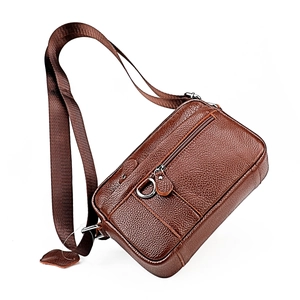Men's dark brown genuine leather crossbody bag with lychee grain and adjustable strap