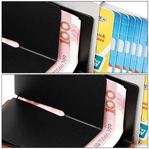 Detail view of RFID aluminum wallet with multiple card slots and integrated money clip