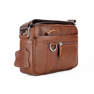 Men's brown genuine leather crossbody bag with lychee texture and multiple zip pockets