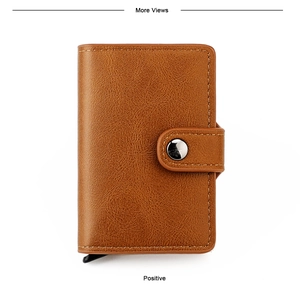 Porte-cartes en cuir marron avec texture litchi et mécanisme pop-up automatique