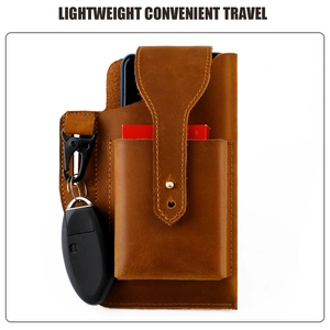 Detail of brown crazy horse leather waist bag with phone slot and metal carabiner hook