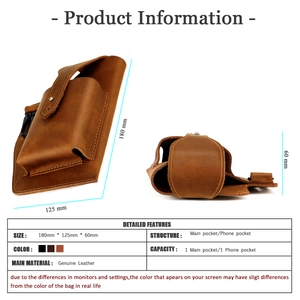 Macro view of vintage crazy horse leather belt pouch showing dimensions and inner structure