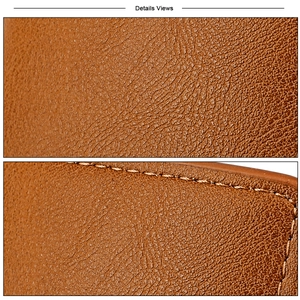Détails du cuir grainé marron avec coutures renforcées et finition lisse du portefeuille