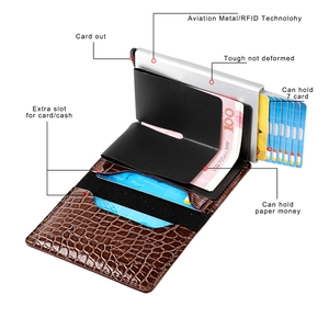 Brown crocodile leather RFID wallet with pop-up aviation metal card holder for 7 cards