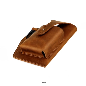 Side view of brown crazy horse leather belt pouch with metal buckle and snap hook