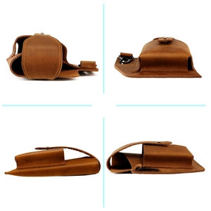 Four-way view showing the structural details and leather texture of the vintage belt pouch