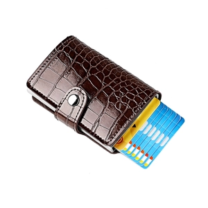 RFID Blocking Pop-up Card Holder Crocodile Pattern Cowhide Leather Metal Box Slim Wallet Business Credit Card Case For Men Women