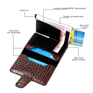 Brown crocodile leather RFID wallet with pop-up metal card case holding 7 cards