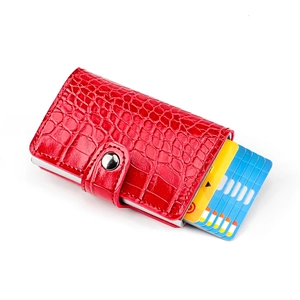 Slim red crocodile pattern wallet with pop-up aluminum card case and secure metal buckle