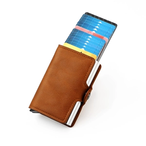 RFID Blocking Automatic Pop Up Cowhide Leather Card Holder Wallet With Double Aluminum Case Anti-Theft Slim Credit Card Case For Men Women