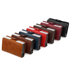 Leather RFID blocking wallet with dual aluminum pop-up card cases in seven colors