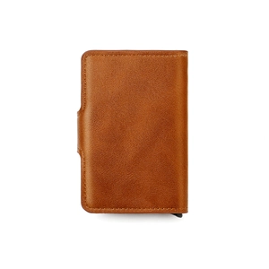 Brown leather RFID blocking automatic pop-up wallet with a textured pebble finish