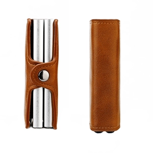 Brown leather dual RFID card holder with aluminum pop-up slots and snap closure