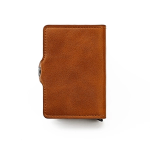 Brown leather RFID blocking dual aluminum card wallet with pop-up button design