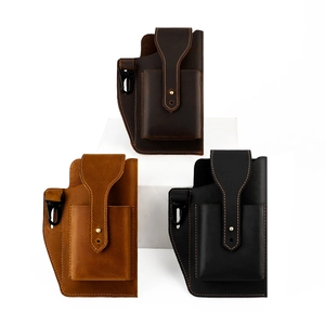 Three vintage crazy horse leather waist bags for men with metal buckles and carabiner clips