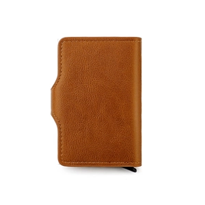Porte-cartes en cuir marron et aluminium avec mécanisme automatique coulissant