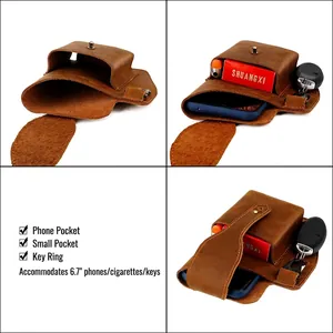 Vintage brown crazy horse leather waist bag for men fitting 6.7 inch mobile phones