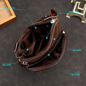 Dettaglio macro degli scomparti interni e delle tasche con cerniera nella borsa in pelle