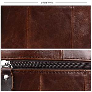 Dettaglio della texture in vera pelle marrone scuro e della cerniera in metallo con cuciture