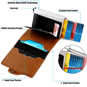 Close-up of RFID leather card holder with dual aluminum pop-up card case and cash clip