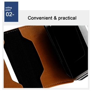 Close-up of brown lychee leather texture and multiple card slots in RFID aluminum wallet