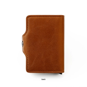 Rear view of brown litchi pattern leather wallet with RFID metal box and snap closure