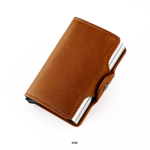 Side view of brown leather RFID wallet showing dual metal card slots and snap fastener