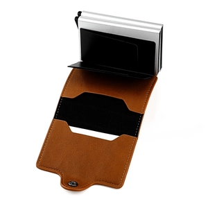 Detail view of the RFID aluminum wallet with leather case and automatic pop-up button