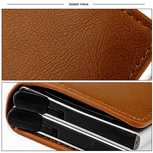 Close-up of brown litchi pattern leather RFID wallet showing double aluminum card slots