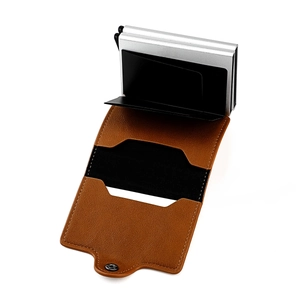 Brown leather RFID blocking wallet with dual aluminum pop-up card case and snap closure
