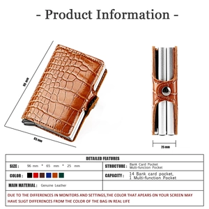 Detailed view of brown crocodile leather RFID wallet with dimensions 96x65x25mm